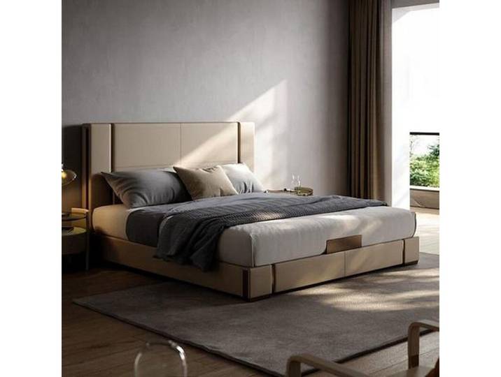 Xlmoebel Polsterbett Beiges Doppelbett mit Designer Kopfteil von XLMOEBEL (Polsterbett, 1-tlg., Beiges Doppelbett), Made in Europa