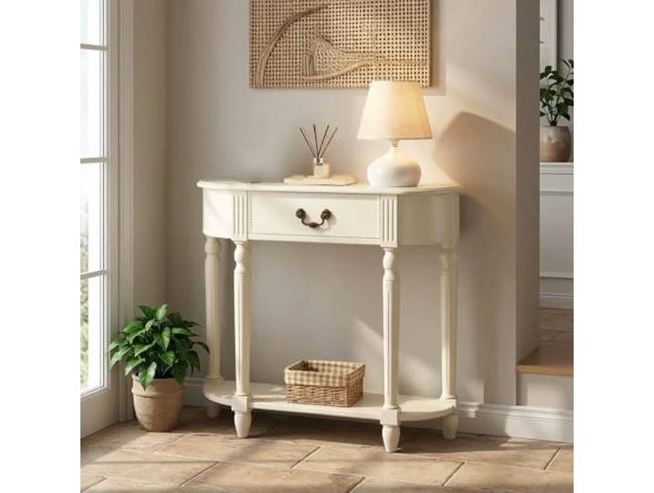 Konsolentisch, Halbmondtisch aus Massivholz für den Flur mit Schublade Halbmond-Design, schmaler Konsolentisch, Eingangsbereich-Aufbewahrung, stabil(White,39.3in)