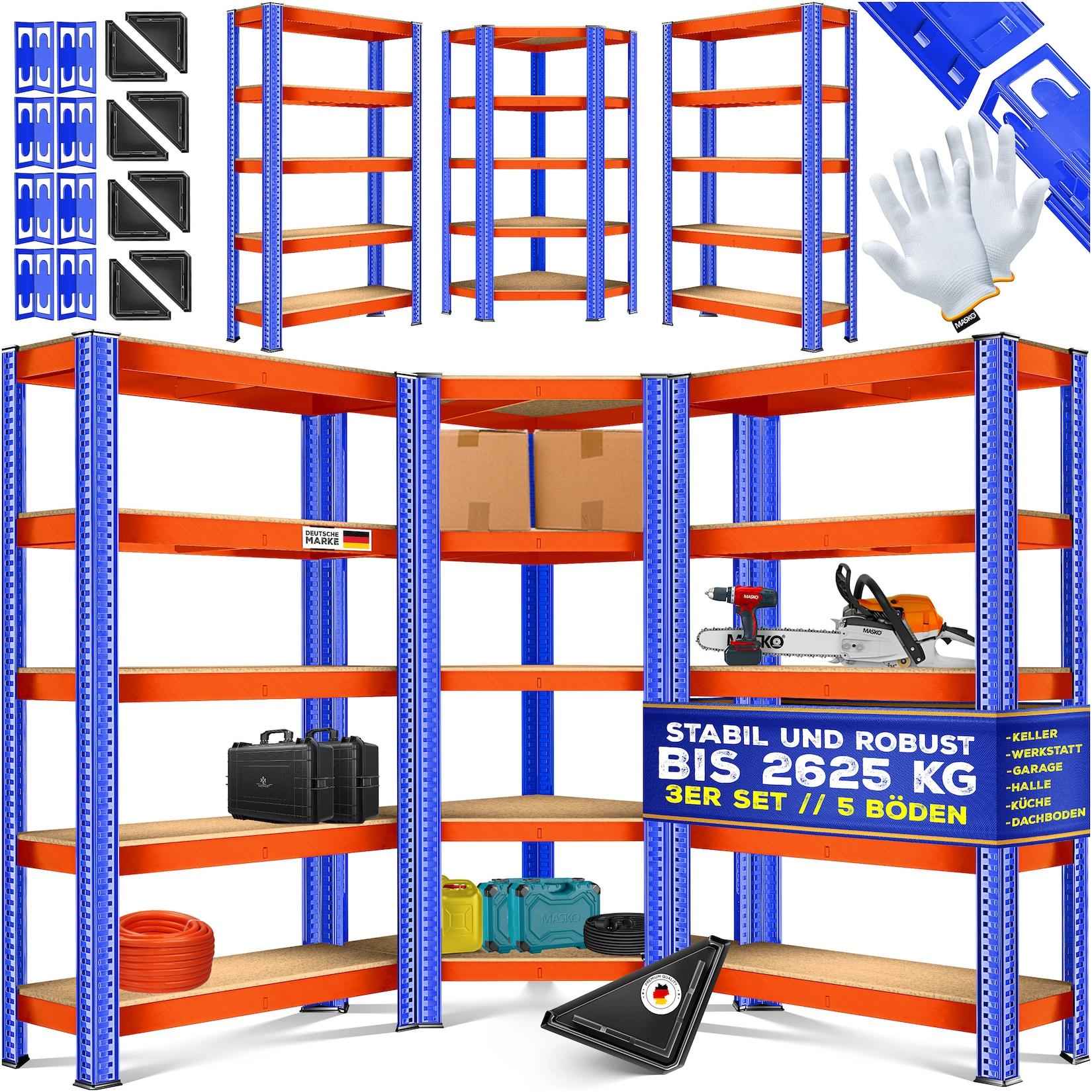 MASKO® 3er Set Metall Regalsystem Lagerregal 1 Eckregal & 2 Lagerregale 15 Böden MDF-Platten Regal 2625 kg Werkstattregal Kellerrregal Garage Schwerlastregal Steckregal MDF-Platten