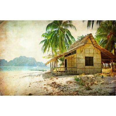Fototapete PAPERMOON "PALMEN-STRAND-RETRO VINTAGE KARIBIK SÜDSEE MEER DÜNEN", bunt, B:5m L:2,8m, Vlies, Tapeten