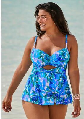 Plus Size Women's BOLD Bra Sized Twist Front Underwire Tankini Top by Swimsuits For All in Peri Leaves (Size 36 DD)