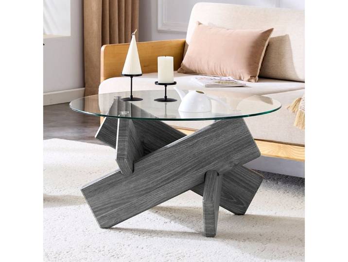 Table basse ronde en MDF gris texturé et verre transparent