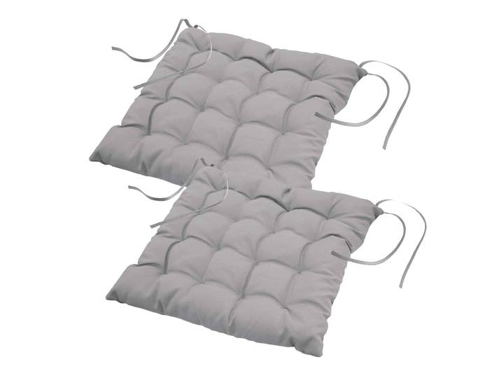 2er-Set Stuhlkissen gesteppt aus Polyester, Sitzkissen mit Bändchen, grau, 40 x 40 cm