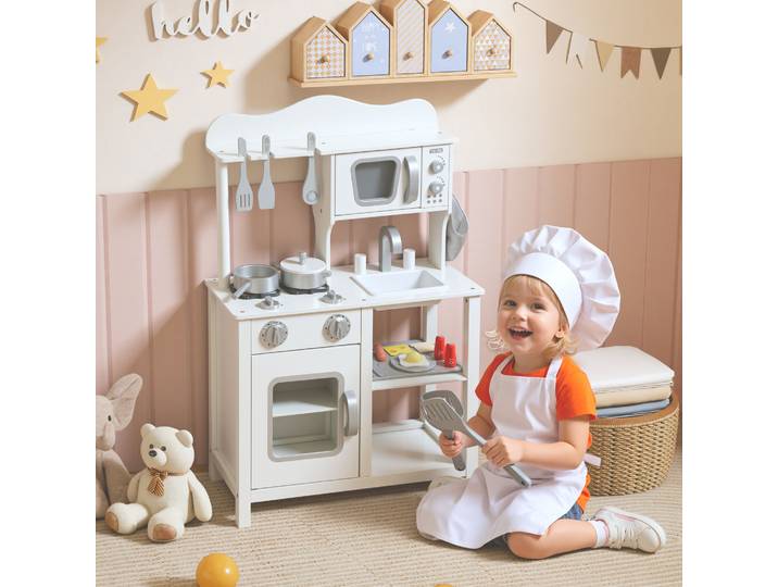 AIYAPLAY Cuisinette Bois Blanc avec Accessoires et Micro-ondes
