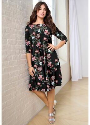 Plus Size Women's Plus Size 3/4 Sleeve Boatneck Swing Dress by Roaman's in Black Spaced Blooms (Size 38/40) Stretch Jersey 3/4 Sleeve Dress