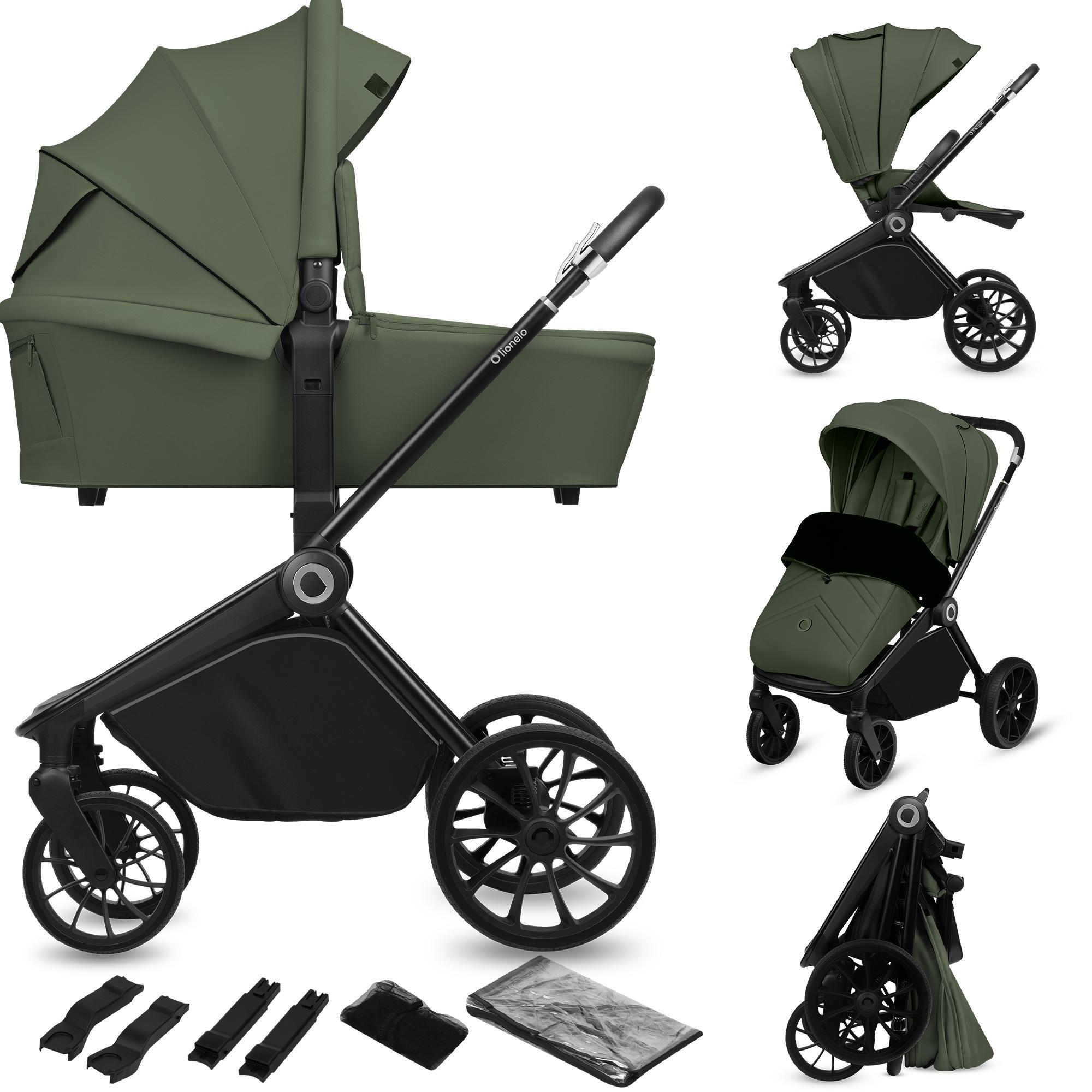 Lionelo Kombikinderwagen Mika Plus 2in1 bis 38 Monate (22kg), XXL-Verdeck mit UPF50+, 3-stufige Verstellung des Elterngriffs - Grün