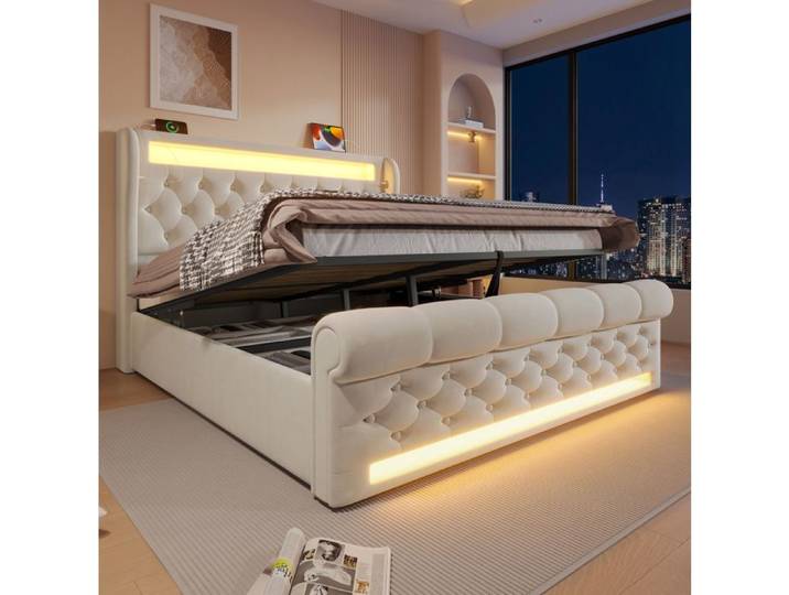 Lit double rembourré SENVIRO à LED et rangement Beige 140 x 190 cm