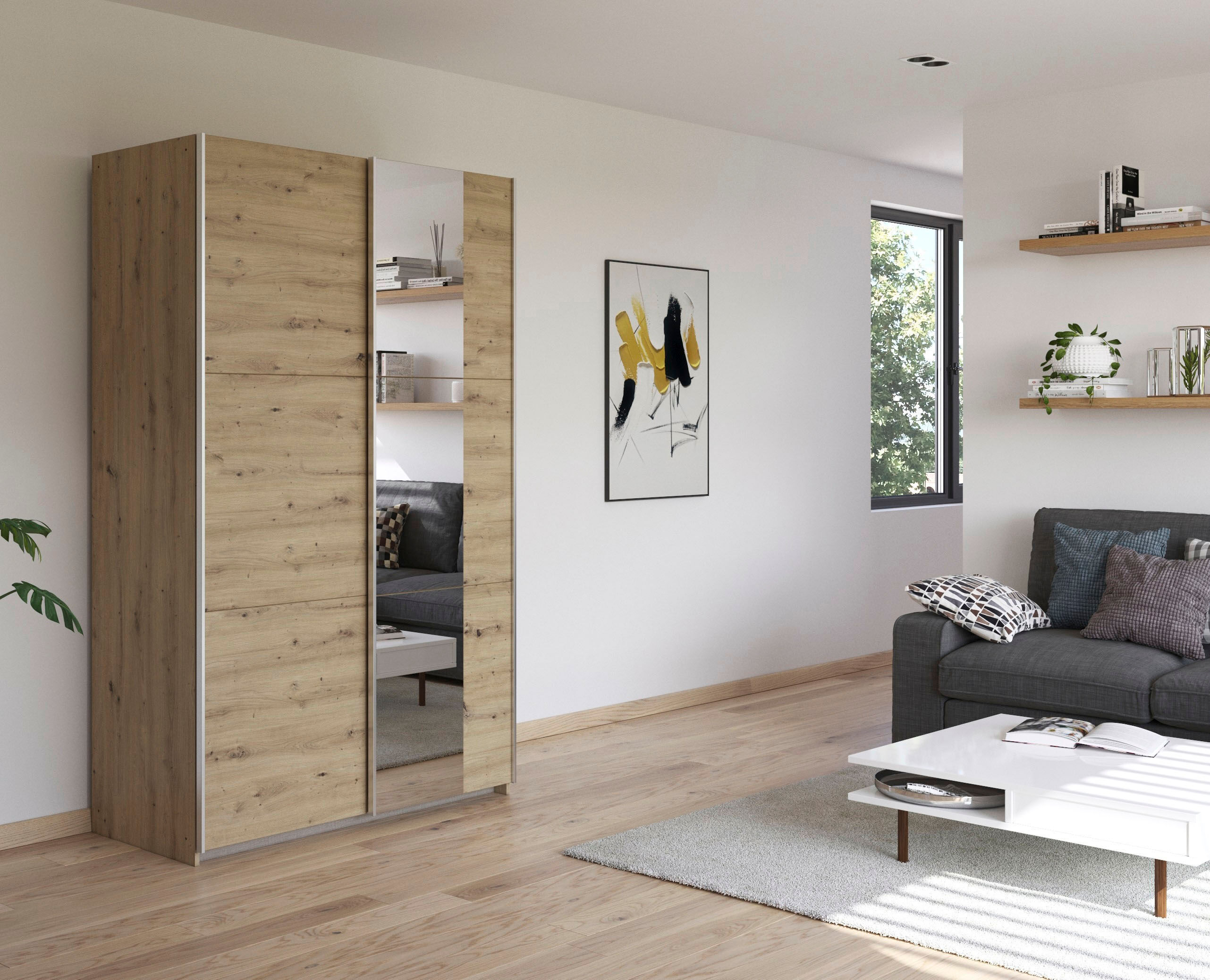 Schwebetürenschrank RAUCH "Kleiderschrank Drehtürenschrank Schrank Garderobe KRONACH", braun (eiche artisan, griffleisten alu, 1 spiegel), B:131cm H:210cm T:59cm, Holzwerkstoff, Schränke, Schwebetürenschrank, optional ohne, mit 1 oder 2 Spiegel, viel Stau