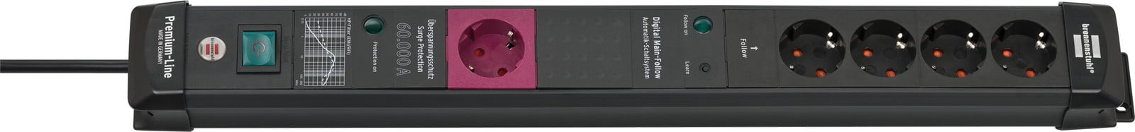 Brennenstuhl Premium-Line 5-voudige stekkerdoos met overspanningsbeveiliging, zwart, 61,0 cm