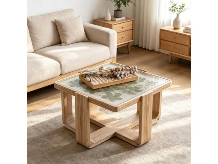 EBOYNSowAprr Hochwertiger Couchtisch mit Massivholzrahmen Handgeschnitzter retro quadratischer Beistelltisch,fleckenabweisender Endtisch mit gehärteter Glasplatte(27.2 x 19.7 in)