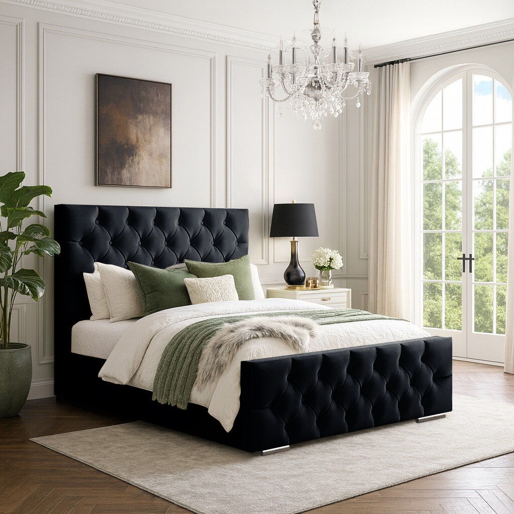 Mercer41 Bollman Upholstered Velvet Bed Black Double (4'6)