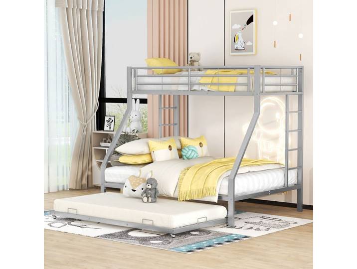Lit superposé 90x200 cm lit enfant métallique extensible lit double avec échelles des côtés adapté aux enfants couleur argent