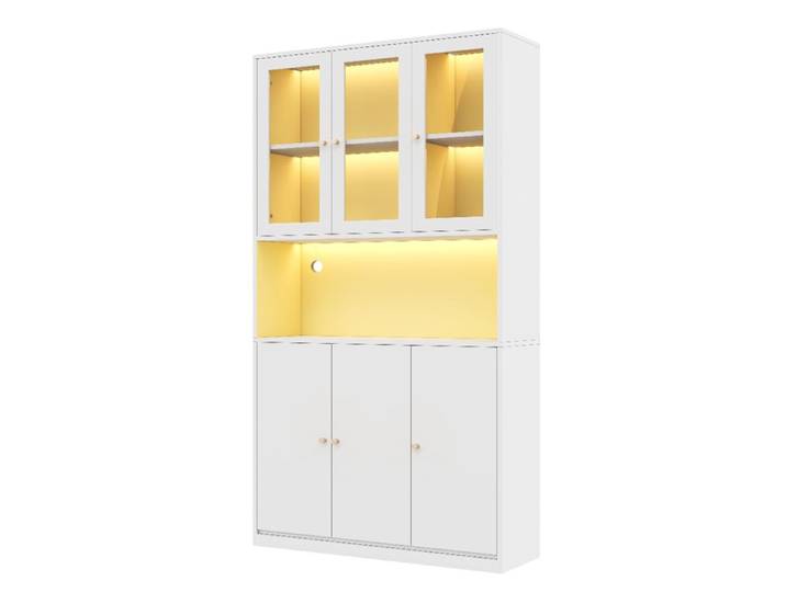 Bibliothèque 100x35x200 cm avec portes vitrées et LED 3 portes étagère ouverte vitrine et rangement pour livres et dossiers