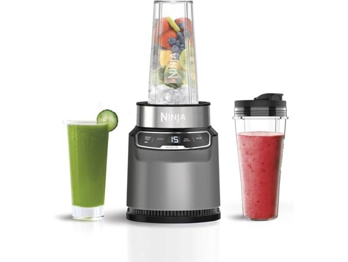 Ninja BN500UK Mixer mit Auto-iQ, Mix-in-Becher, One-Touch-Steuerung, Smoothies, Milchshakes und gefrorene Leckereien, spülmaschinenfeste Teile, Edelstahlklingen, 1000 W, 2 x 700-ml-Tassen, grau/silber