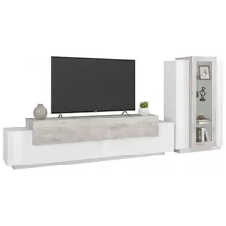 Dmora Wohnzimmermöbel Mirko, TV-Ständer Wohnzimmer-Set, Mehrzweck-Wohnzimmermöbel, 100% Made in Italy, cm 280x45h121, glänzend weiß und Zement