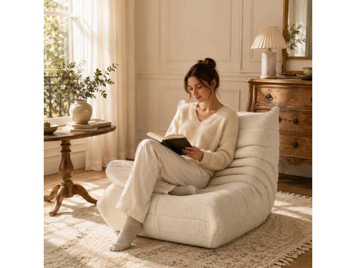 Fauteuil de Sol Paresseux Canapé Paisible Paresseux Ergonomique Sans Assemblage pour Salon Chambre ou Bureau Tissu Teddy Beige