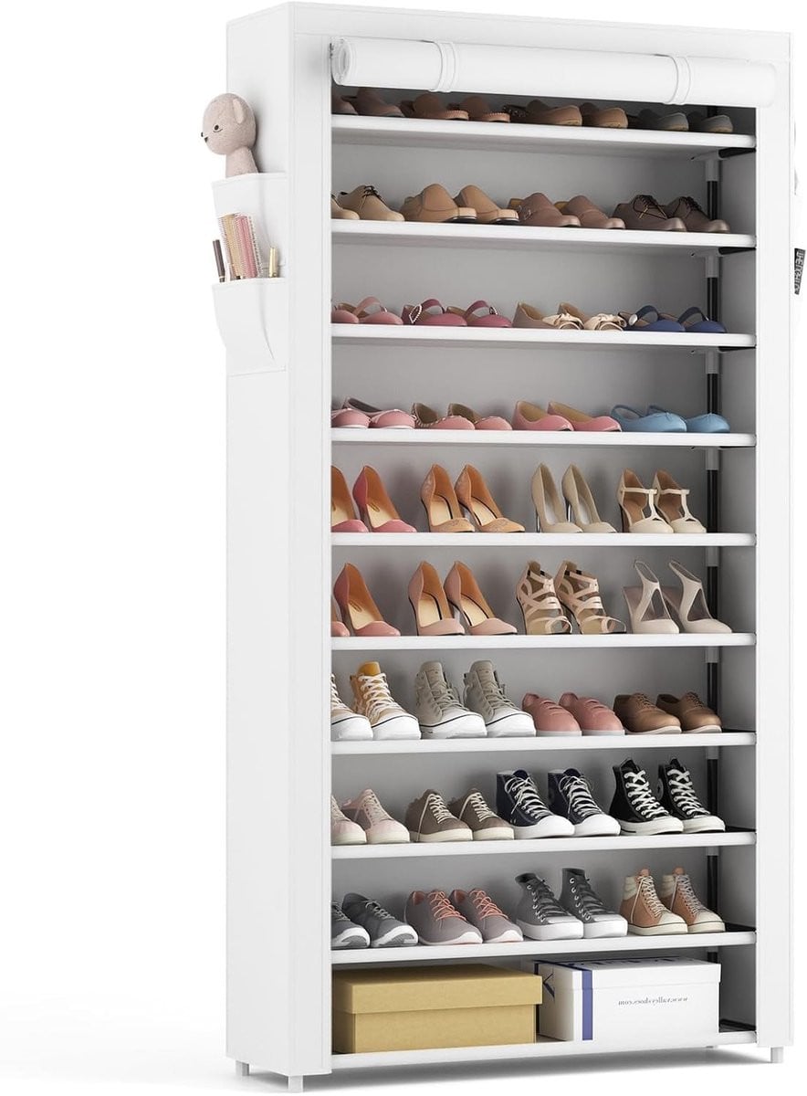 Witte hoge schoenenkast met 11 planken voor 50 paar schoenen en stofdichte afdekking met metalen frame