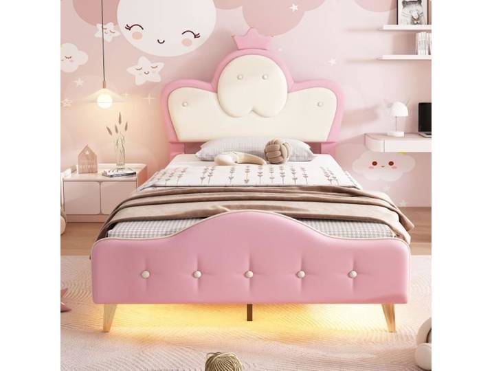 Lit capitonné enfant - LEYTN - 90x200cm - PU avec bande LED - Tête de lit couronne - 1 place