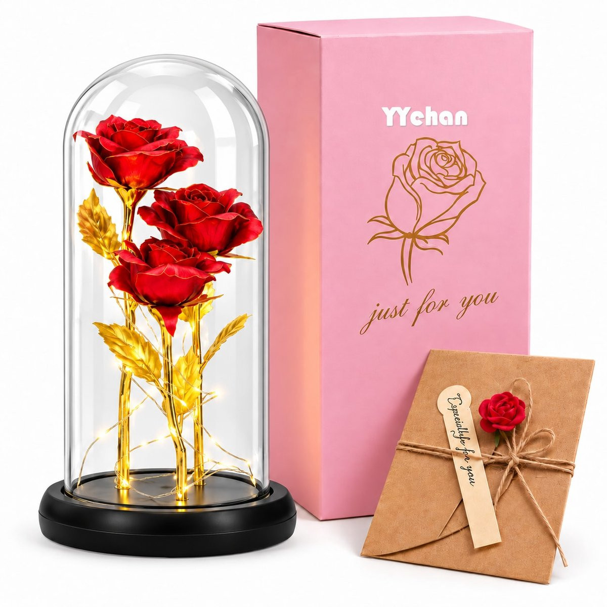 YYchan Eeuwige Roos in Stolp met LED Verlichting - 3 Rode Rozen - Glazen Stolp met Geschenkdoos en Wenskaart