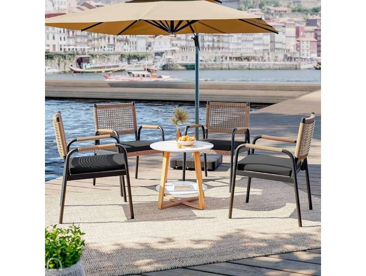 FAUTEUIL DE JARDIN Lot de 4 Chaise de Salle à Manger Fauteuil terrasse Chaise Tressage rotin d'extérieur Tissu Respirant Coussins