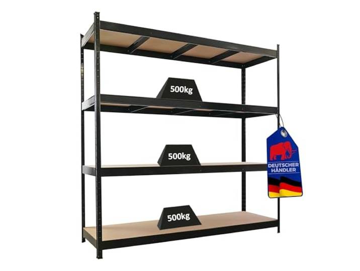 PROREGAL Profi Schwerlastregal MDF-Böden Hercules schwarz 60cm tief, 200x200x60cm, 4 MDF-Platten-Ebenen 6,8mm, Fachlast 500kg, Metallregal Lagerregal Steckregal Regal