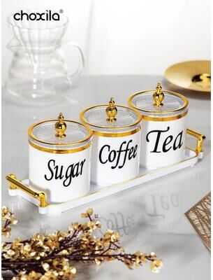 Uplifted Finds 4 Piece Ceramic Coffee, Tea & Sugar Canister Set With Tray 4 Piece Ceramic Coffee, Tea & Sugar Canister Set With Tray