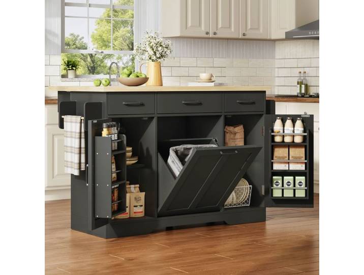 Desserte îlot de Cuisine sur roulettes avec Poubelle Intégrée Îlot Central Cuisine avec Plan de Travail Pliable 120×45-70x87cm