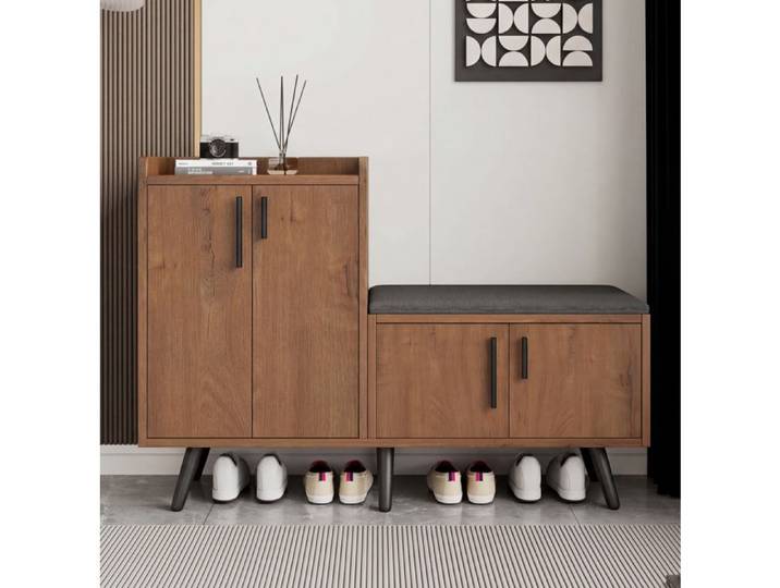 WUVRIE Meuble à chaussures avec banc 4 portes assise rembourrée effet bois naturel