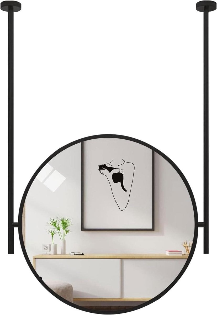 Ronde hangspiegel met plank en zwart metalen frame, Diameter: 50 cm, Zwart