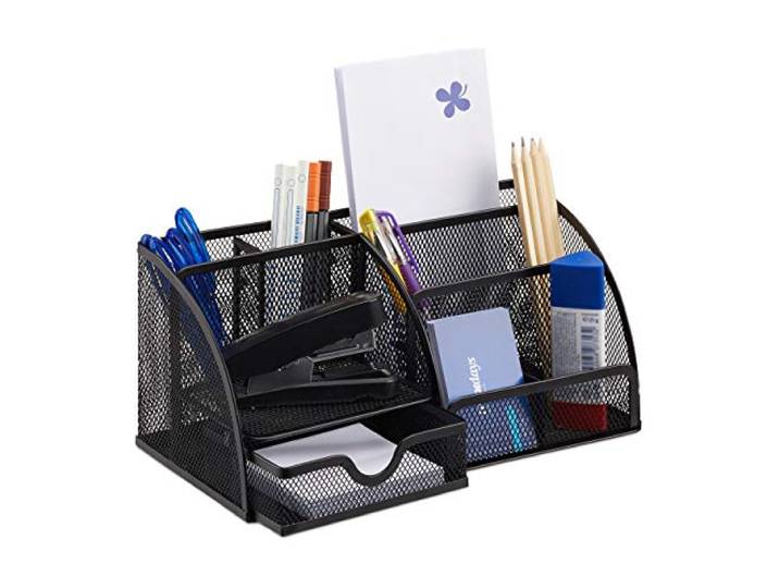 Relaxdays 10022481_46 Organiseur de Bureau stylos Lettres Porte Bloc-Notes Maille métal 6 casiers\, Noir\, 12\,5 x 27\,5 x 14 cm