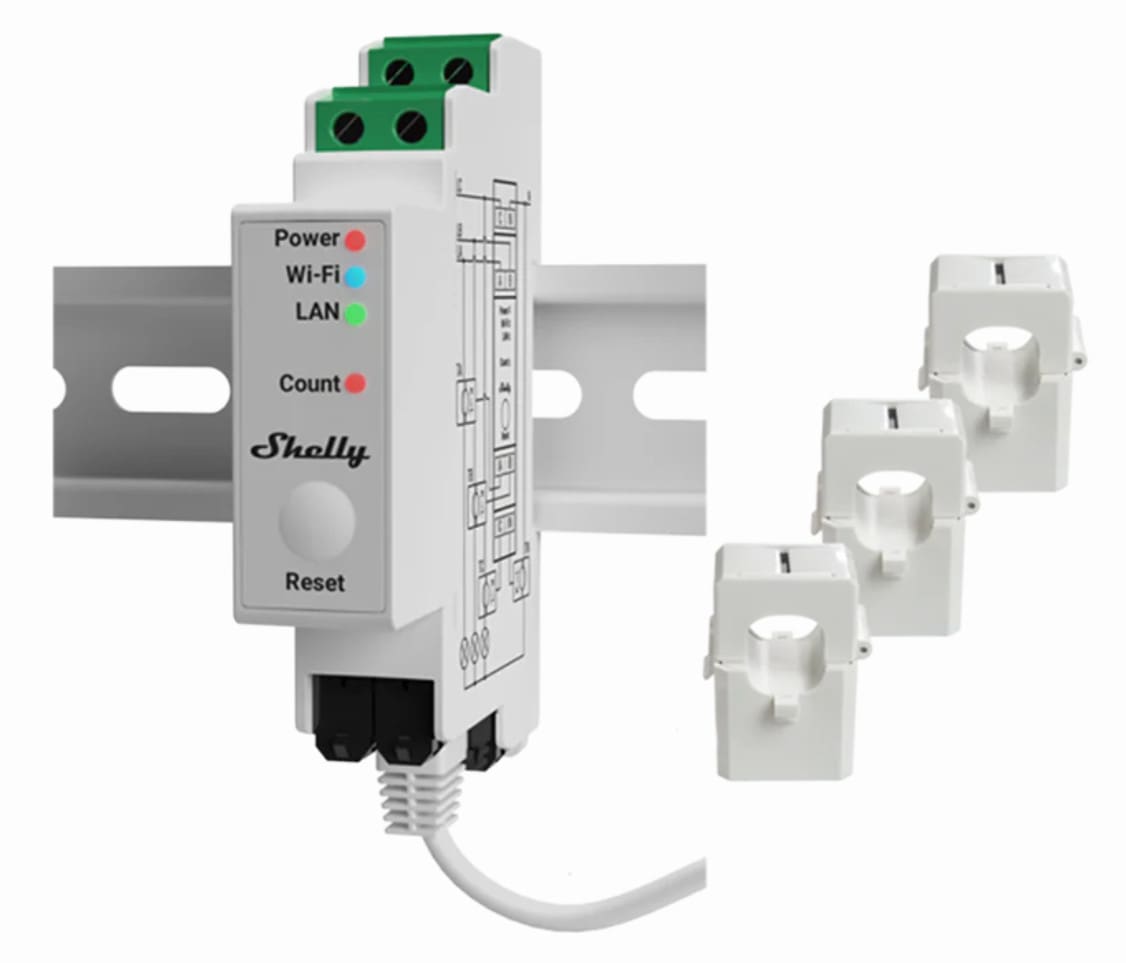 Shelly Pro 3EM 120A v2 Energiemessgerät 3 Phasen inkl. 3x 120A Klemmen WLAN LAN BT Shelly_Pro_3EM_120A_v2