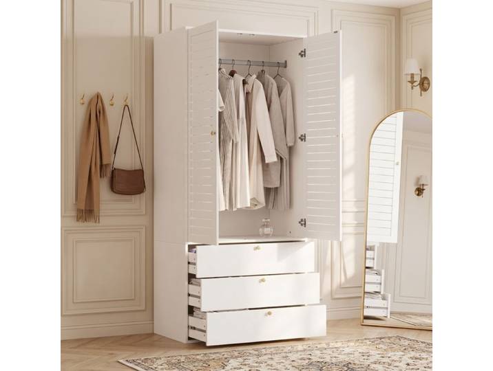 Armoire - ZEVKOR - 2 Portes Battantes à Lames - Penderie & 3 tiroirs - Blanc - 90x50x200 cm