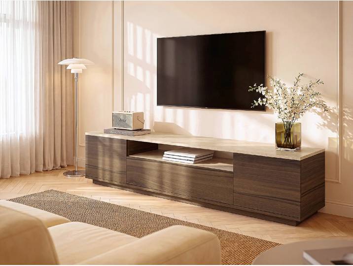 TV-Möbel mit 3 Türen & 1 Ablagefach - Holzfarben dunkel & Beige - Travertin-Effekt - LOTULA