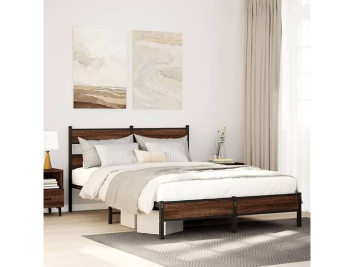 RJPLMFV Bettgestell aus Stahl, Eiche, Braun, 137 x 190 cm Mit Kopfteil, Lattenrost, Stauraum unter dem Bett, robust und stabil