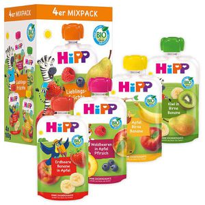 HiPP Fruchtpüree Lieblingsfrüchte Mixpack,100% Frucht, BIO, ohne Zuckerzusatz & Konservierungsstoffe, je 100 g, 4 Stück