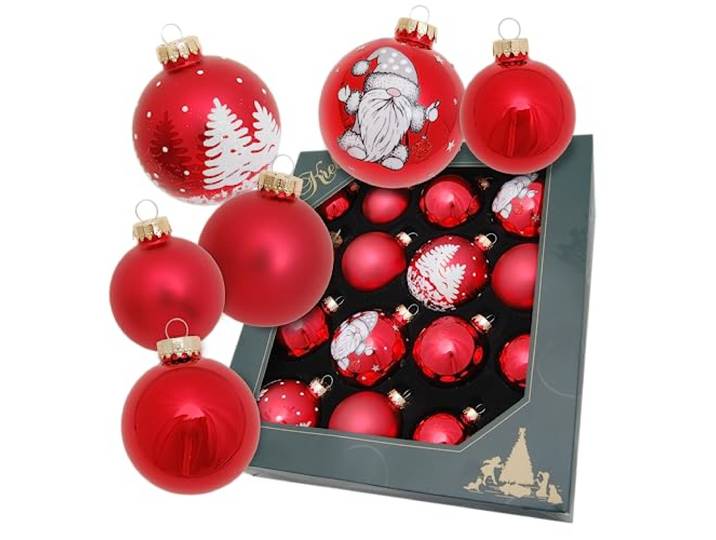 Krebs Glas Lauscha Weihnachtskugeln Sortiment - Wichtel Winterwald Rot - Festliche Baumdekoration mit verspielten Wichtel- und Winterwaldmotiven sowie glänzenden und matten Kugeln - 16-teiliges Set
