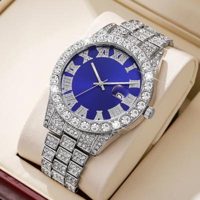 Fusion Finds Luxury Men's Quartz Watch With Steel Band, Calendar Display & Diamond Style Business Design silver Blue