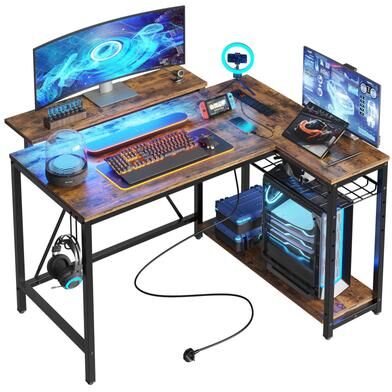 "Bestier 42"" Gaming Desk with Power Outlets, L-Shaped Desk with LED Lights and Reversible"
