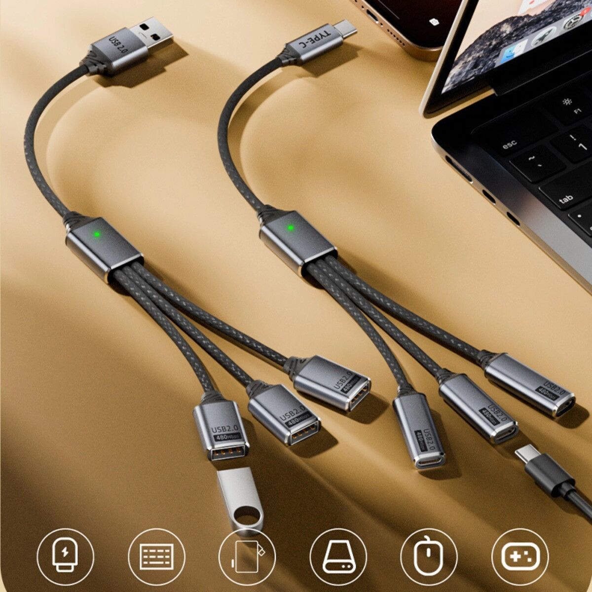 INF USB 3-in-1-Splitterkabel - Aluminiumlegierung, geflochtenes USB-OTG-Adapterkabel für Telefon, Tablet, Computer, Laden und