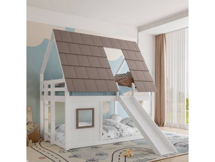 Lit superposé avec toboggan et échelle 2 couchages 140x200 design maison pour enfants
