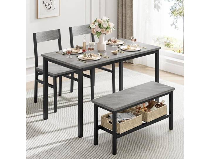 AFF Ensemble table et chaise de salle à manger-Table avec Deux chaises et banc-4 personnes–étagère rangement Noir+plateau gris