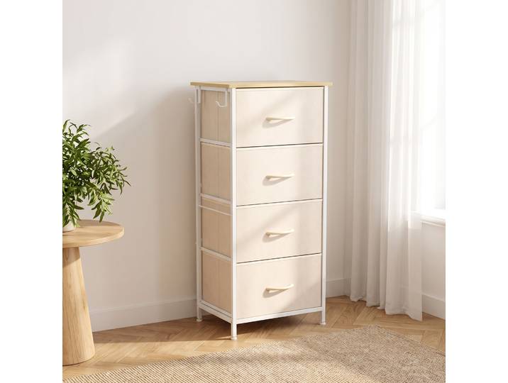HOMCOM Commode 4 Tiroirs Tissu Beige Meuble Haut