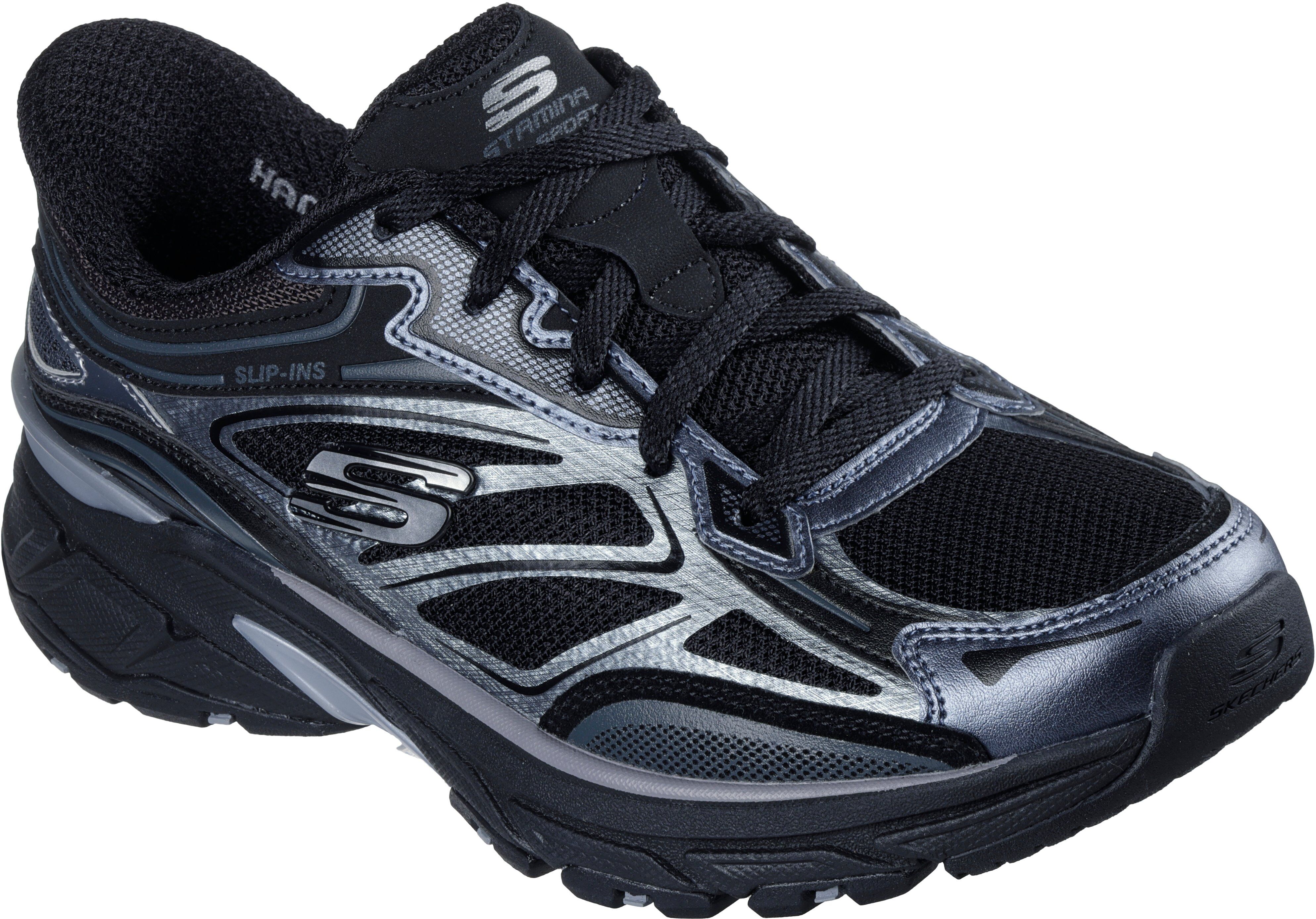 Slip-On Sneaker SKECHERS "STAMINA SPORT", Damen, Gr. 37, Textil, schwarz, Lederimitat, Mesh, metallic, Schuhe Slip-On Sneaker, Retro Sneaker, Schnürschuh mit Metallic-Besätzen schwarz 37, Textil