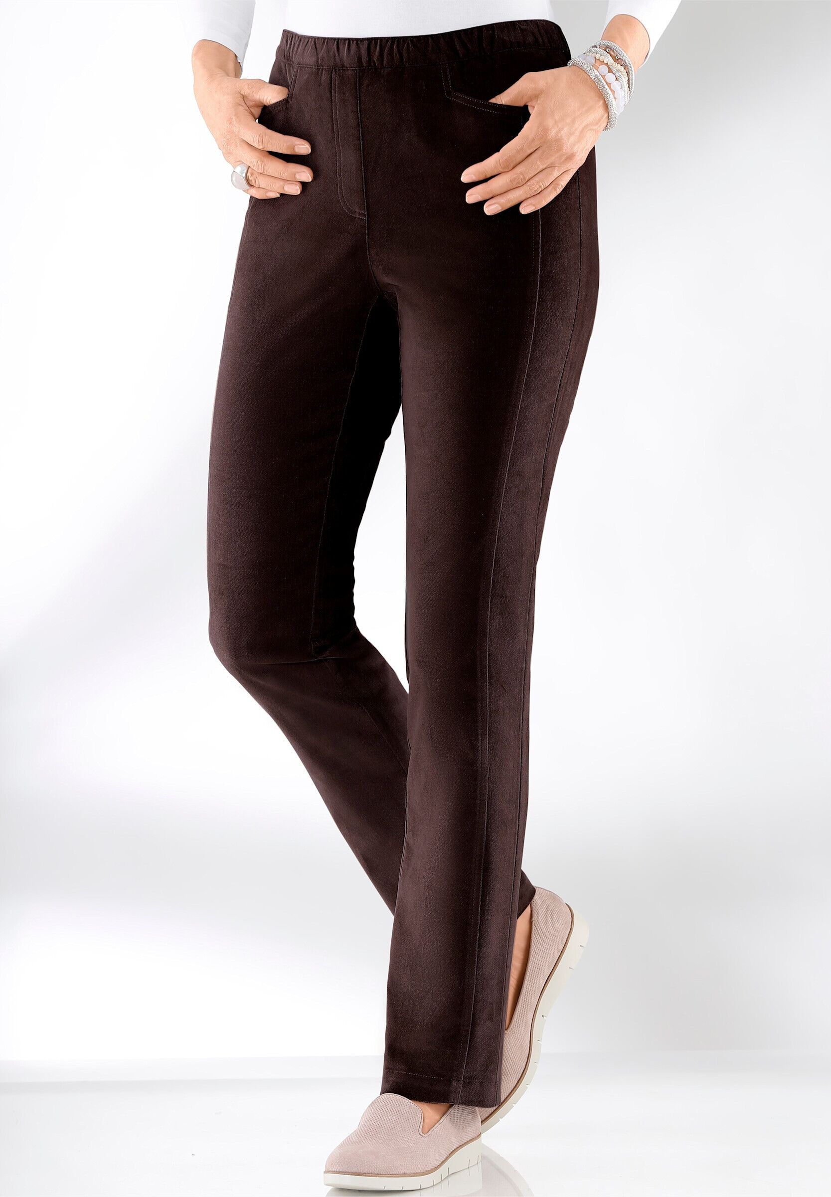 Schlupfhose WITT "Hose Schlupfhose mit optisch streckender Ziernaht", Damen, Gr. 38, N-Gr, schokobraun, Samt, , Sportlich, schmal, Hosen Schlupfhose