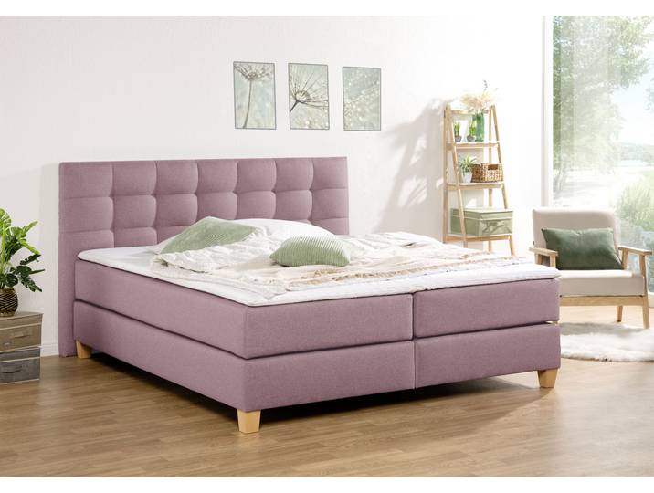 Boxspringbett, Samtstoff, Lila (Flieder), 214×211 cm, Inkl. Topper, 7-Zonen Federkern, Home-affaire