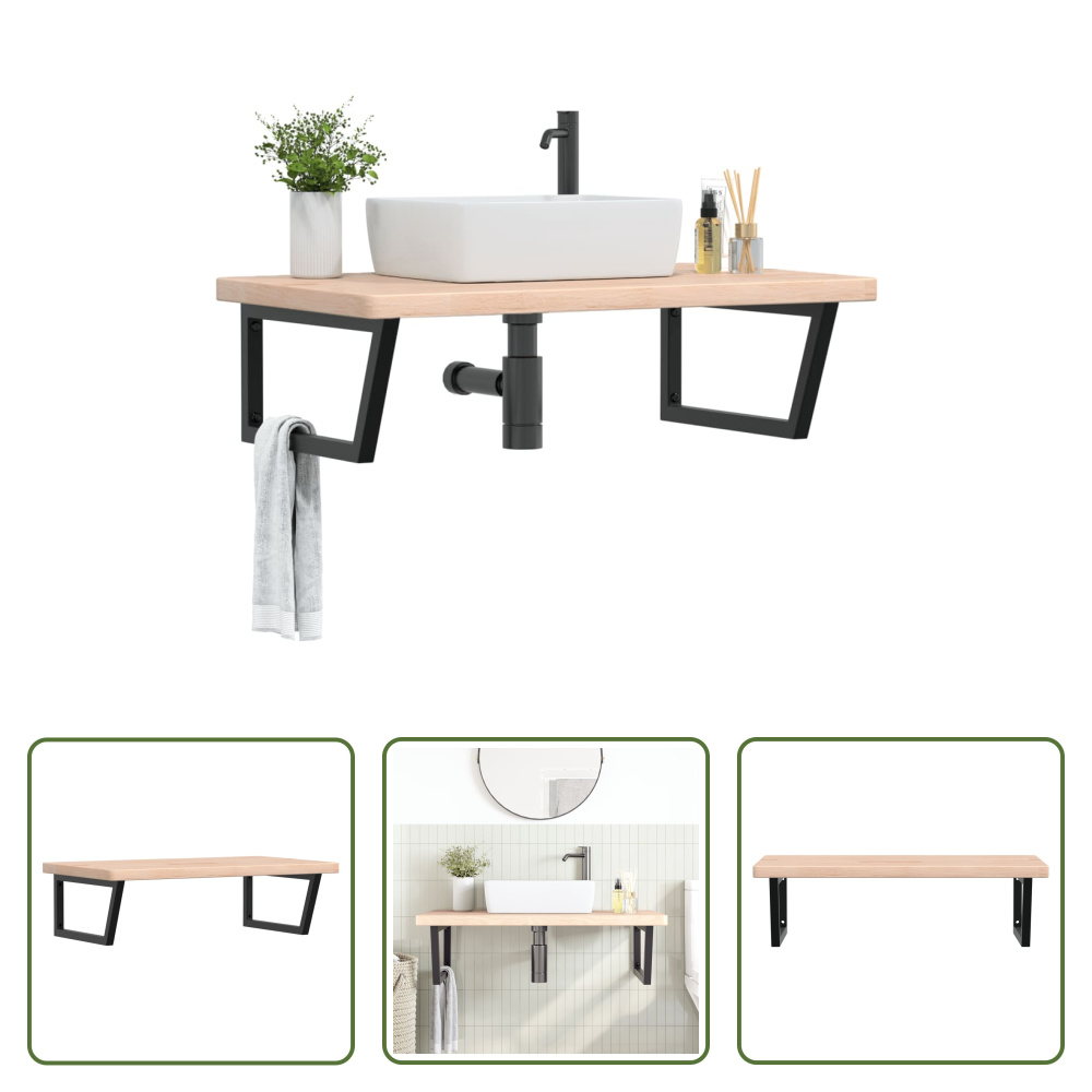 The Living Store Waschtischplatte mit Halterung Stahl und Massivholz Eiche