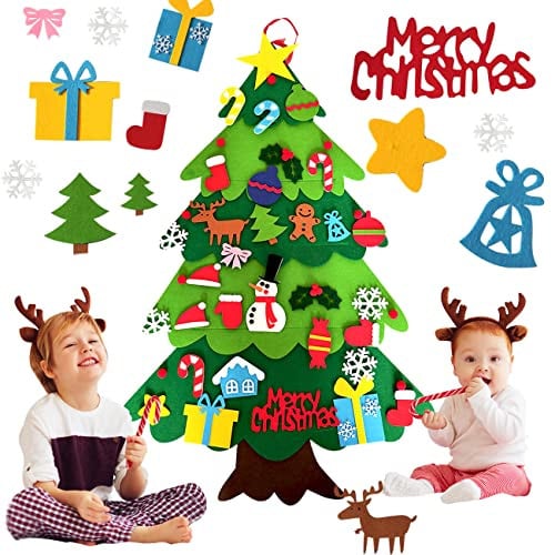 XIAOMAOMAO Vilten kerstboom voor kinderen met 34 afneembare ornamenten, 110 cm