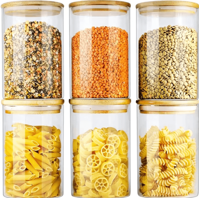 Inspire Curations Glass Storage Jar Set With Bamboo Lids For Coffee, Spices & Pantry Organization 560ml 6pcs