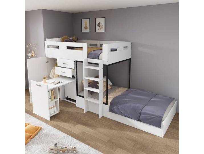 Lit superposé enfant 90x200 cm blanc noir avec bureau escamotable armoire tiroirs et échelle sans matelas