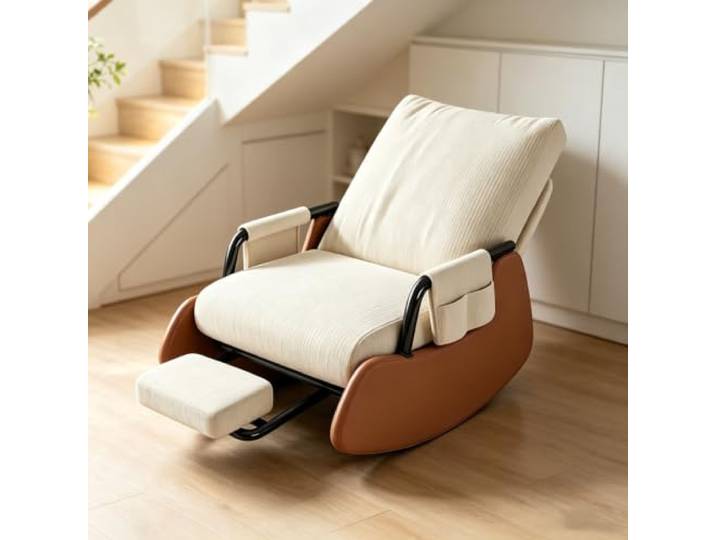 Gemütlicher Schaukelsessel mit Ausziehbarer Fußstütze Ergonomischer Schaukelstuhl mit ausziehbarer Fußstütze und Seitentasche für tägliche Entspannung.